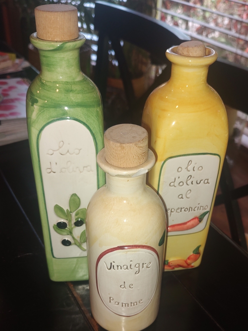 Ceramic Olive Oil & Vinegar Bottle Set - Green, Yellow, Cream -